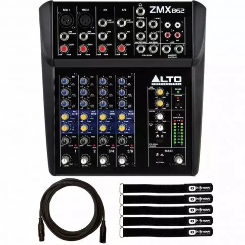 Studio Quality 6 Channel Compact Audio Mixing Desk with 2XLR Microphone Inputs ALTO Professional ZMX862 2Stereo Inputs&2 Aux Outputs & Stagg 6m High Quality XLR to Phono Plug Microphone Cable