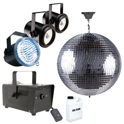 16" Glass Mirror Ball with Fog Machine & LED Strobe Light Package