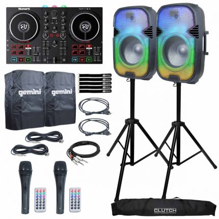 2x Gemini PartyBox Rave15 Speakers with Numark Party Mix II Controller