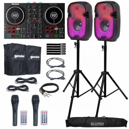 (2) Gemini PartyBox Rave8 Speakers with Numark Party Mix II Controller