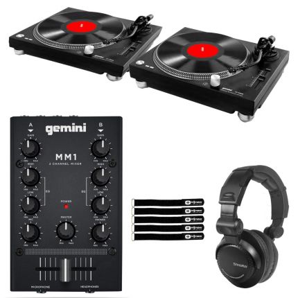 (2) Gemini TT-1200 Belt Drive Turntables with MM1 2-Channel Compact Mixer Package