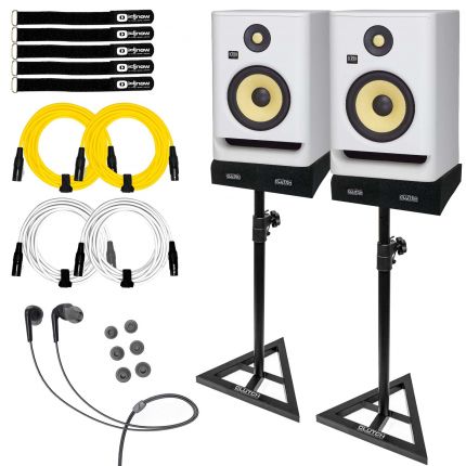 (2) KRK RP7 ROKIT G4 White Noise Monitors with Earphones & Stands