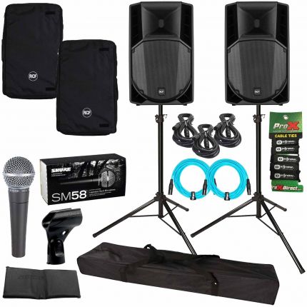 (2) RCF ART 735-A MK4 15" Active Two-Way Speakers with Tripod Stands & Vocal Microphone Package