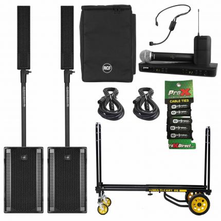 (2) RCF EVOX 8 Active Two-Way Array PA Systems with Dual Channel Combo Wireless System & Equipment Cart Package