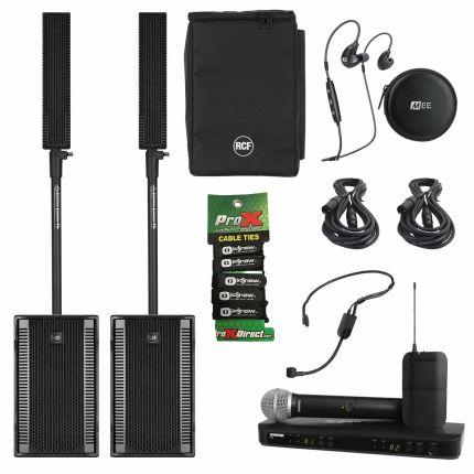 (2) RCF EVOX 8 Active Two-Way Array PA Systems with Dual Channel Combo Wireless System & In-Ear Headphones Package
