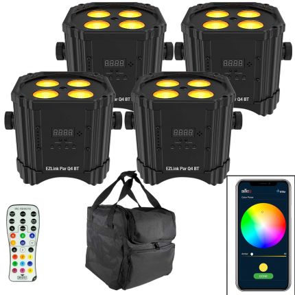 (4) Chauvet DJ EZ Link Par Q4 BT Bluetooth Quad-Color LED Pars with Infrared Remote Control & Carry Bag Package