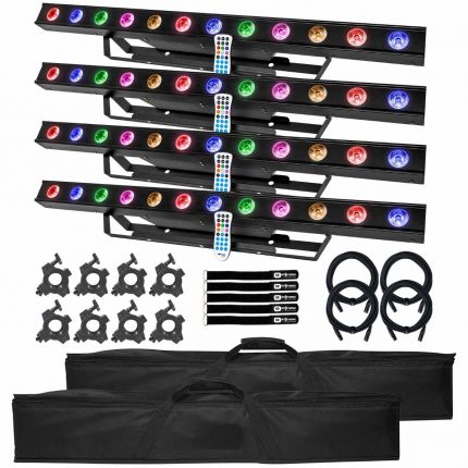 (4) ColorKey CKU-3050 StageBar HEX 12 216-Watt RGBAW-UV LED Bars with Carry Bags Package