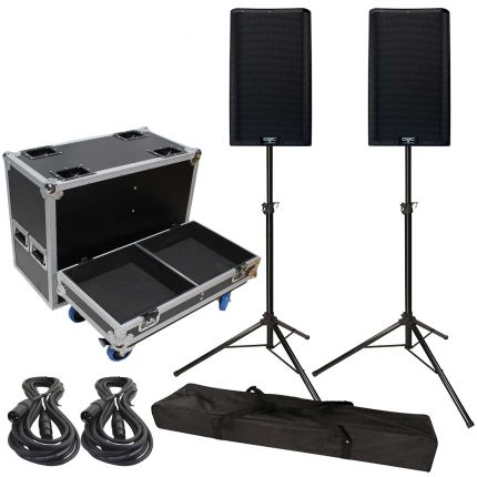QSC K12.2 K2 Series 12-inch Two-Way 2000W Powered Loudspeakers with Stands and Road Case Package