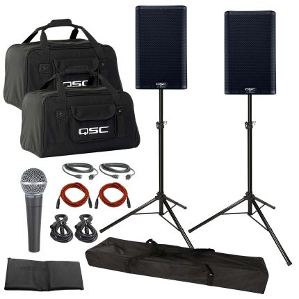 QSC K8.2 K2 Series Two-Way 2000W Active Speakers with Tripod Speaker Stand and Carry Cases Package