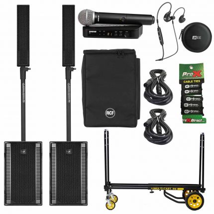 (2) RCF EVOX 8 Active Two-Way Array PA Systems with Wireless Microphone System & Equipment Cart Package