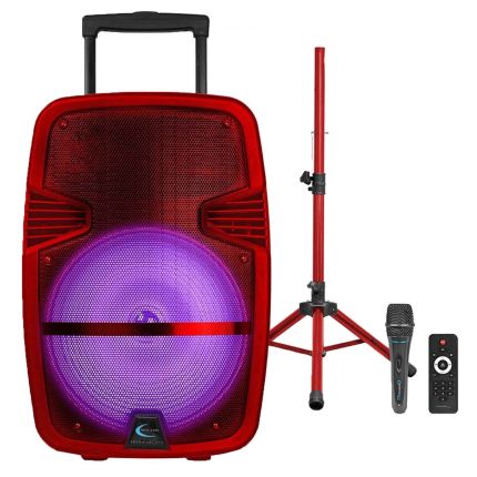 Technical Pro Rechargeable 15" LED Speaker Package (red) with Wireless Microphone, Remote, & Matching Color Tripod Stand